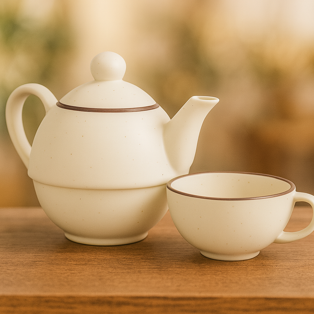 Premium Ceramic Stackable Teapot with Cup Set | Speckled Matte Beige with Brown Rim | Handcrafted Stoneware | Microwave & Dishwasher Safe view 2