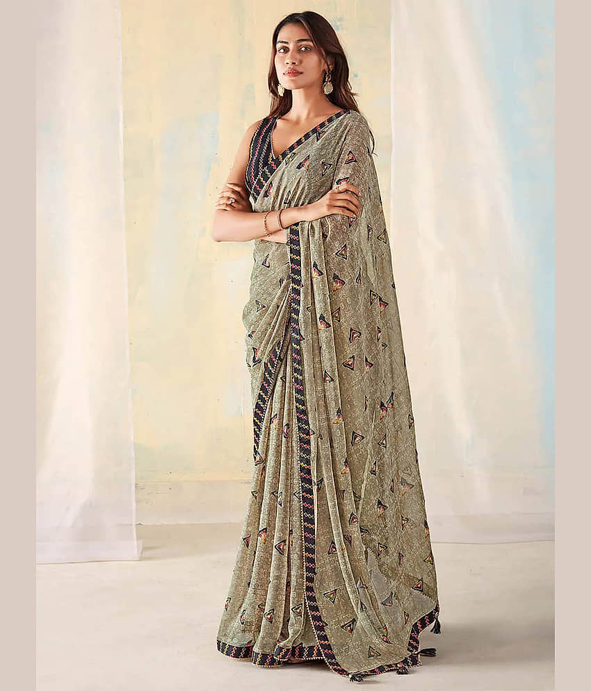 BLEESBURY Georgette Striped Saree With Unstitched Blouse Piece ( Green )
