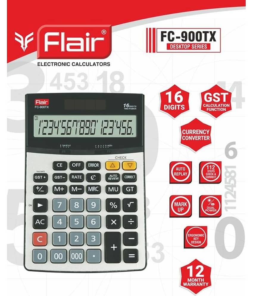 Flair Fc-900Tx Gst Calculator Gst Calculation And Cuurency Converter Calculator Basic Calculator (16 Digit) view 2