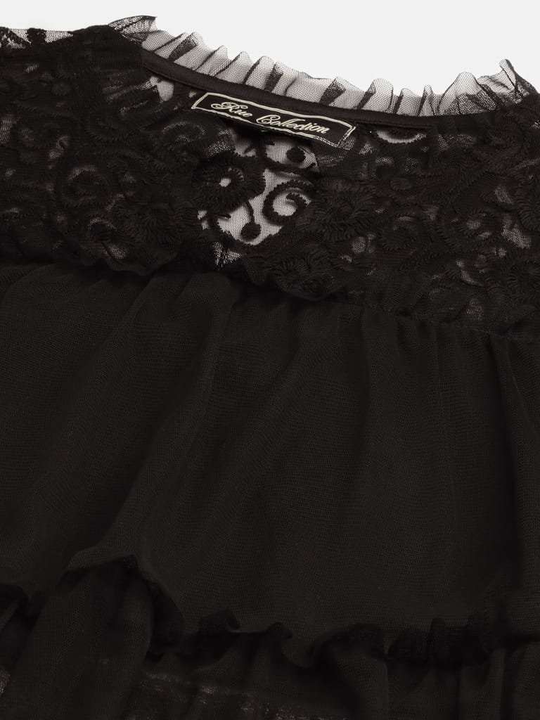 Black Floral Embroidered Sheer Net Top view 2