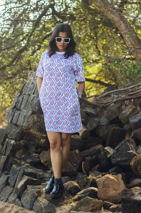 Block Printed T-shirt Dress - Ajrakh Print view 2