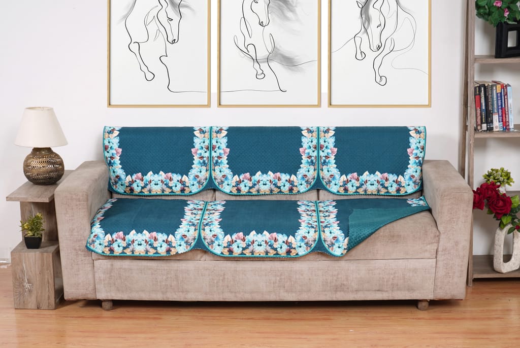 Fabricasa Modern Quilted Reversible Velvet Sofa Cover- Turquise Blue 3 Seater view 2