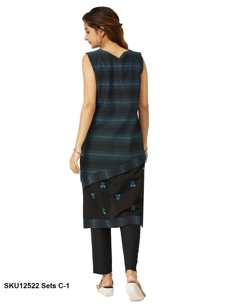 Women's Sleeveless Black & Teal Layered Cotton Kurti with Embroidered Design and Palazzo Set view 2