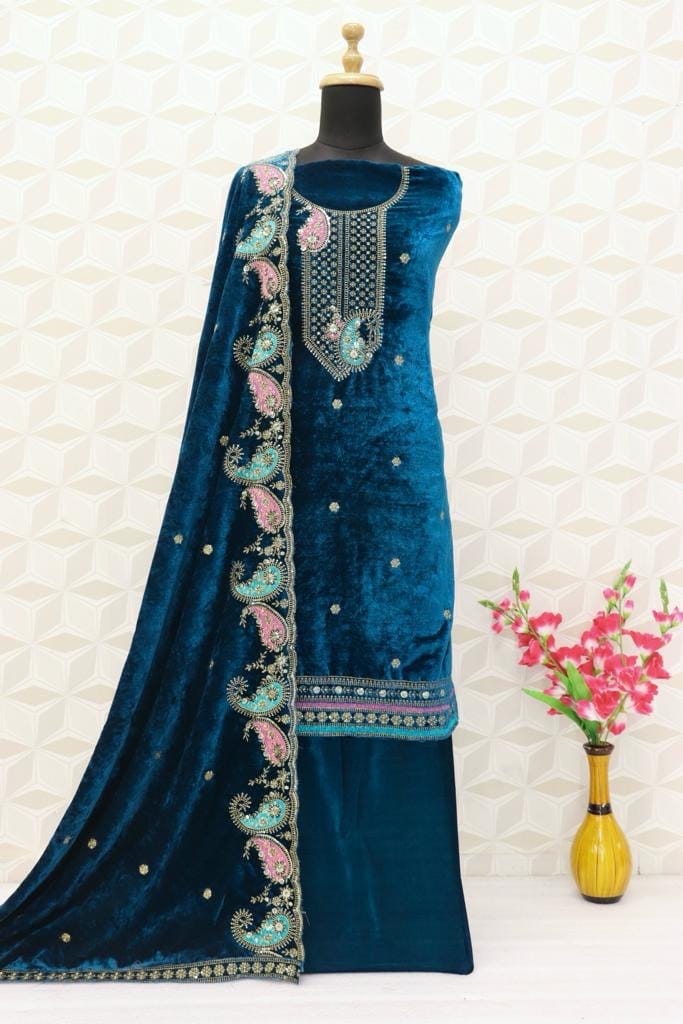 Lorenvelley Fashion Rama Velvet Salwar Suit Material Embroidered view 2