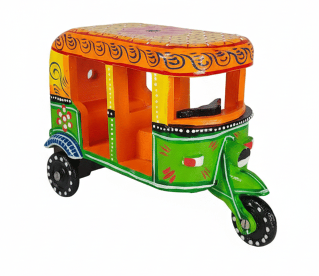 Handcrafted Wooden Auto Rickshaw - Colorful Indian Art