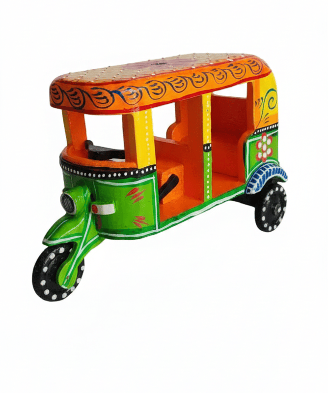 Handcrafted Wooden Auto Rickshaw - Colorful Indian Art view 2