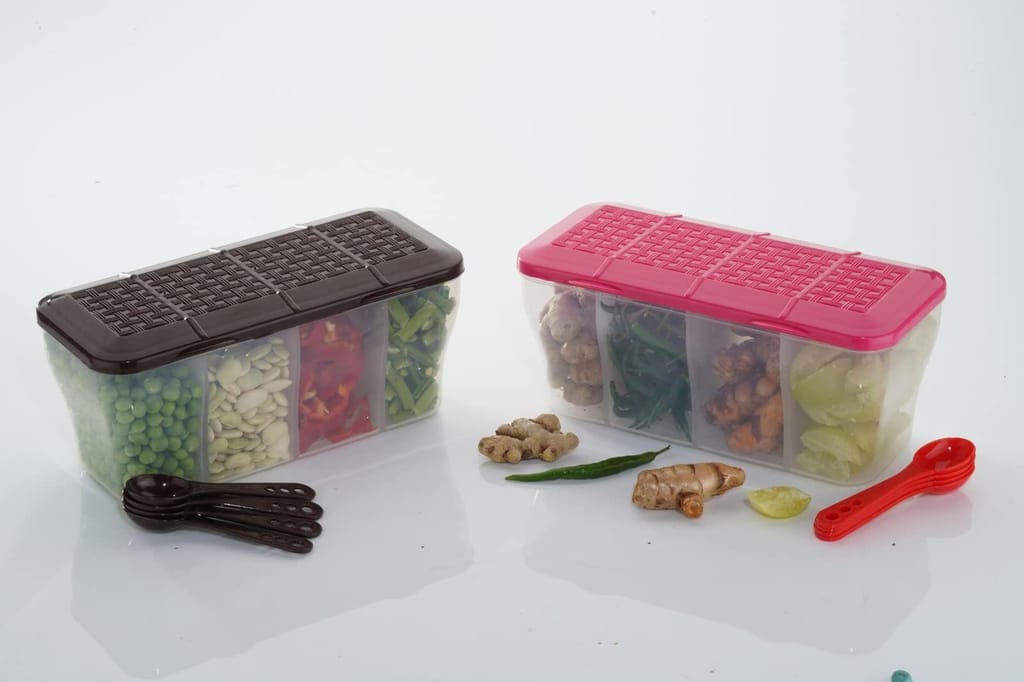 HAPPI Multipurpose Plastic 4 In 1 Masala Box for Kitchen, Spice Boxes for Kitchen, Transparent 4 Compartment Storage Containers Airtight Grocery,Cereal,Dry Fruits Dabba 1800 Ml with 4 Spoons (Pink) view 2