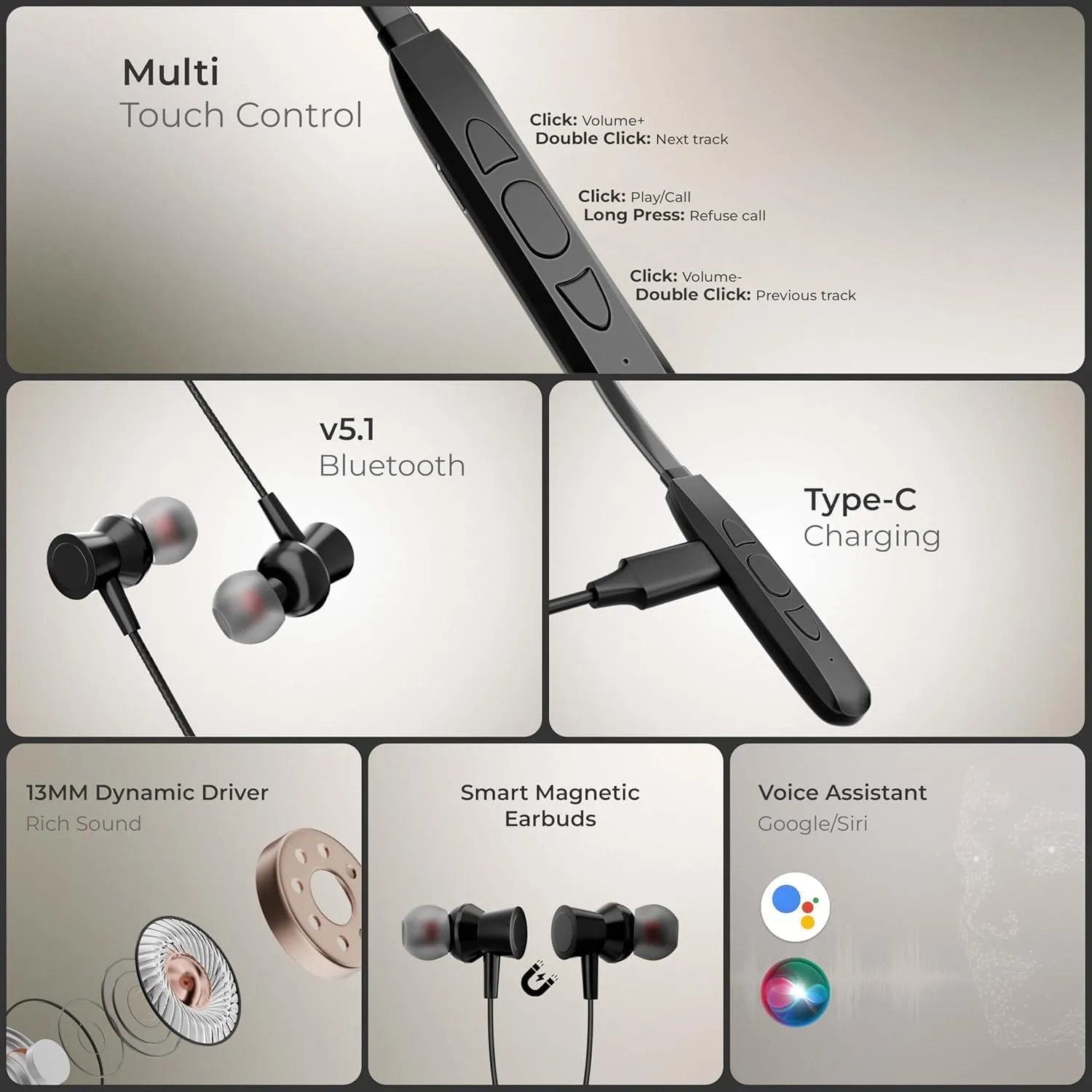Kratos N1 Neckband Bluetooth Headphones with 30 Hours Playtime with 13mm Drivers, Rich Music Experience, Type C Fast Charging, Neckband Earphones with Voice Assistant & IPX4 Water Resistant view 2