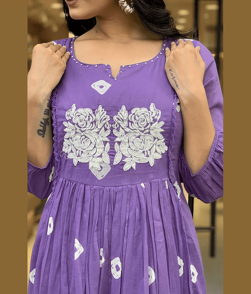 Lee Moda Rayon Embroidered Kurti With Pants Women's Stitched Salwar Suit - Purple ( Pack of 1 ) view 2