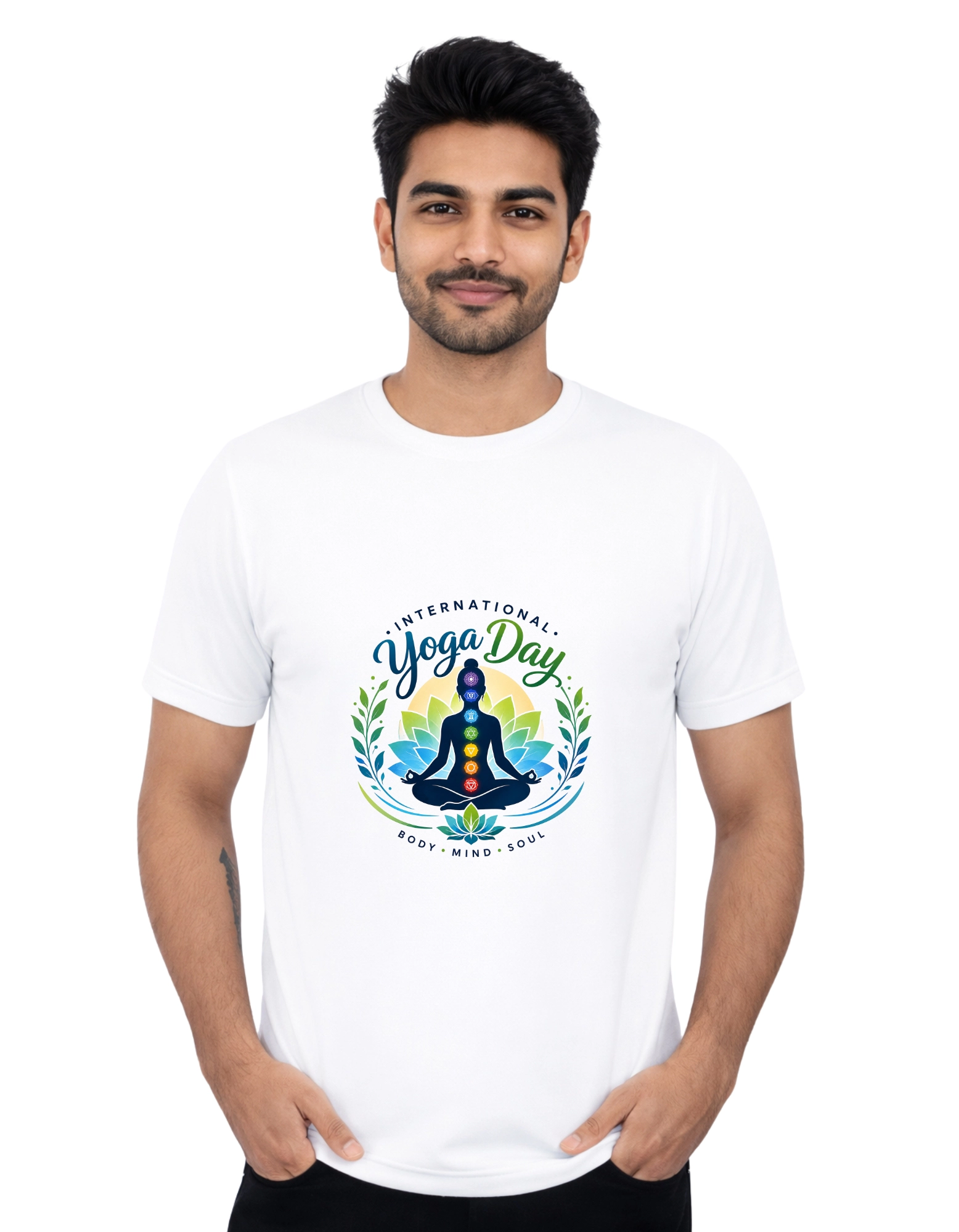 International Yoga Day Yoga Meditation Chakra Polyester Round Neck T-Shirt 140 GSM White