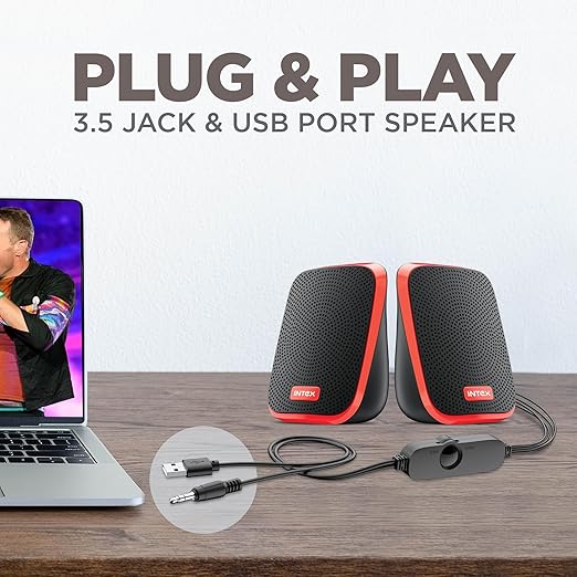 Intex IT-120 2.0 USB Computer Multimedia Speaker, 10W Powerful Sound, USB Powered, 3.5mm Aux Connectivity, in-Line Volume Control Pod for PC, Laptops, Desktop & Mobiles Orange view 2