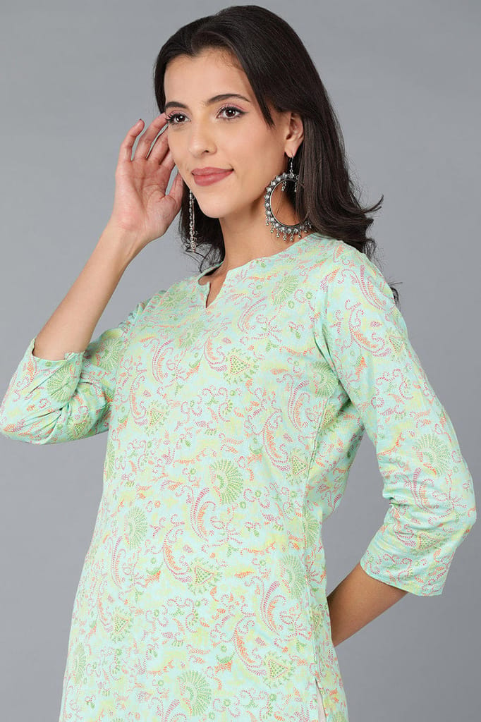 Turquoise Blue Cotton Printed Kurta VCK8580 view 2