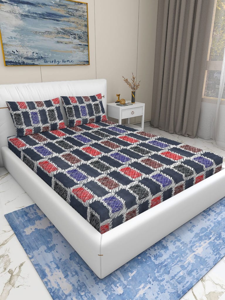 Quirky Home Fantasy Collection Premium Cotton Blend 180 TC Flat Double Wrinklefree Bedsheet with 2 Pillow Covers, Grey Check view 2