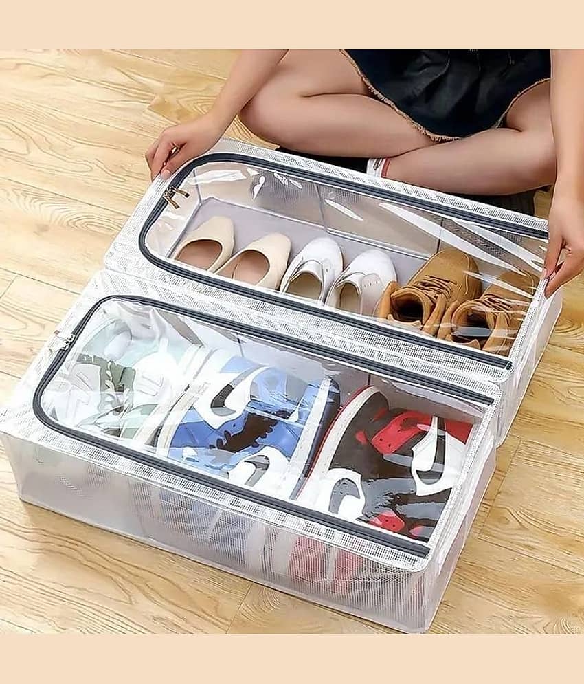 (Pack of 1) Shoe Storage Box, Shoe Organizer for Closet, Clear Plastic Stackable Shoe Boxes, Space Saving Foldable Sneaker Shoe Rack Containers Bin Holder view 2