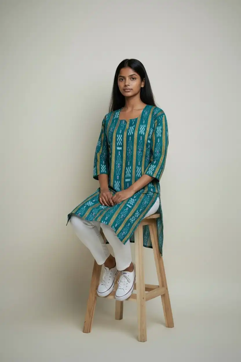 Sambalpuri Ikat Floral Peacock Teal-Odisha Handloom Kurti view 2