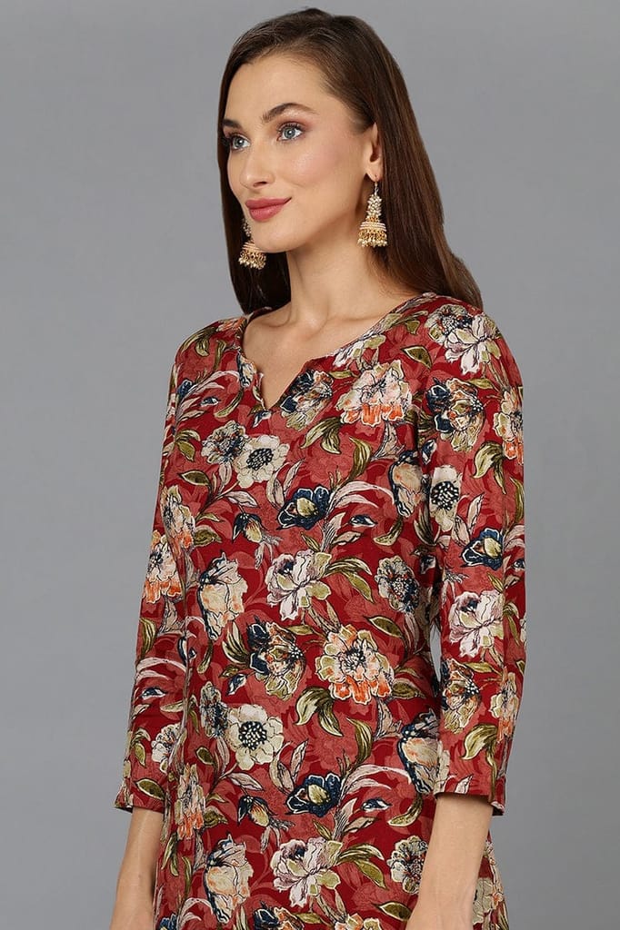 Cotton Blend Maroon Floral Printed Straight Kurta VCK9203 view 2