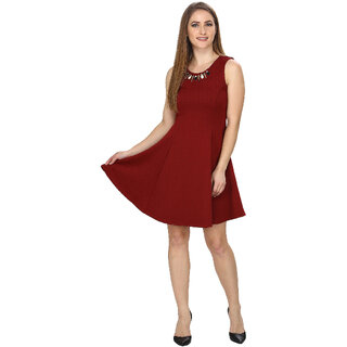 AV Creations fit flare dress stone embellished around neck ( WINE RED)