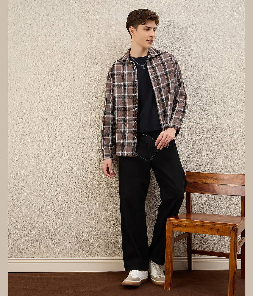 Chimpaaanzee Cotton Blend Oversized Fit Checks Full Sleeves Men's Casual Shirt - Black ( Pack of 1 ) view 2
