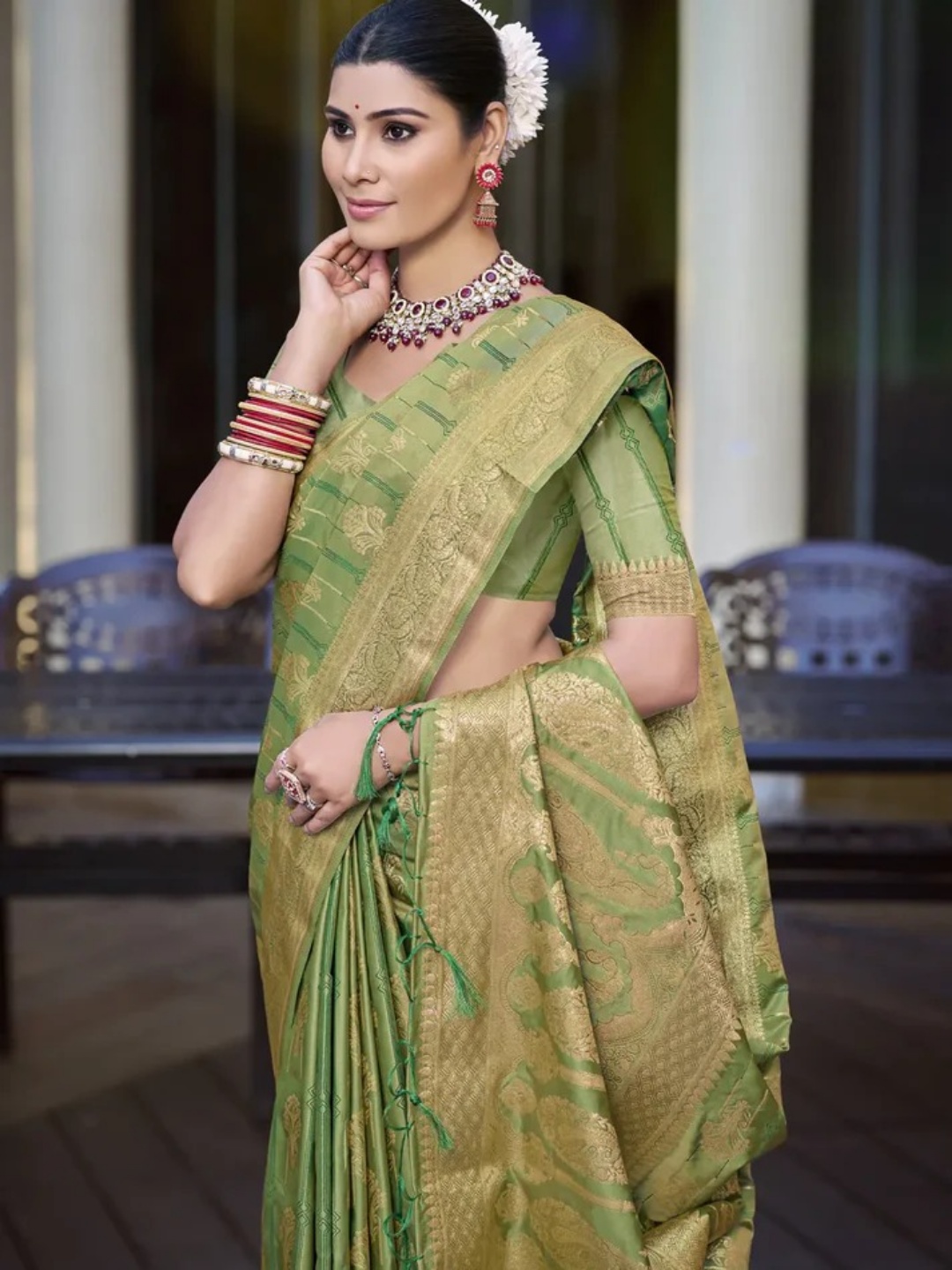 Green Satin Silk Saree view 2