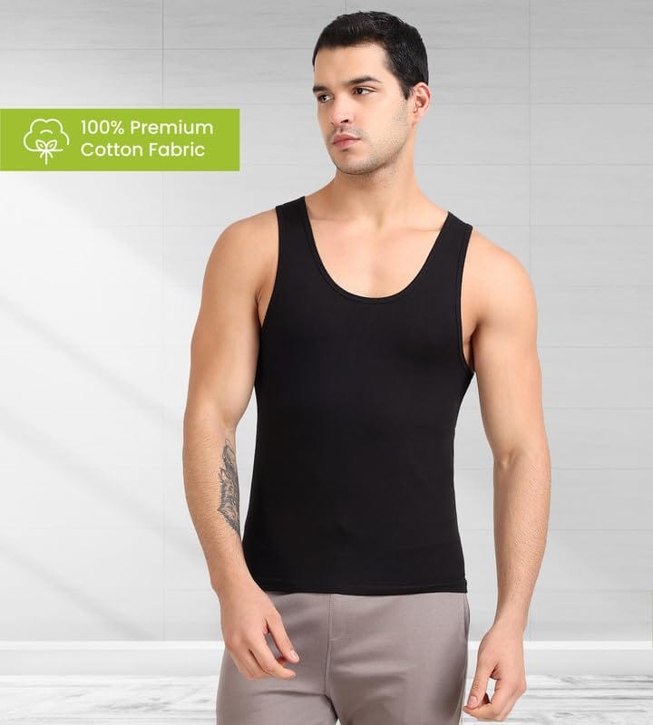 Freecultr Cotton Vest for Men Sleeveless Lightweight Solid Round Neck Comfort Vests Breathable & Comfortable Innerwear Sando for Man Regular Fit Pack of 1-Black view 2