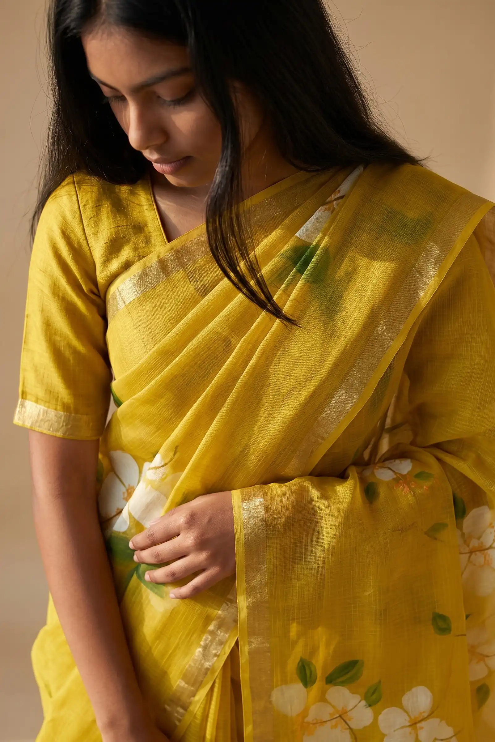 Kota Doria Cotton Saree Lemon Yellow Hand Painted Floral view 2
