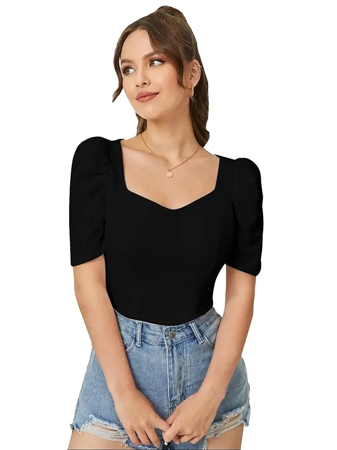 Women's Sweet Heart Neck Balloon/Puff Bishop Sleeve Elegant Casual Tee Top
