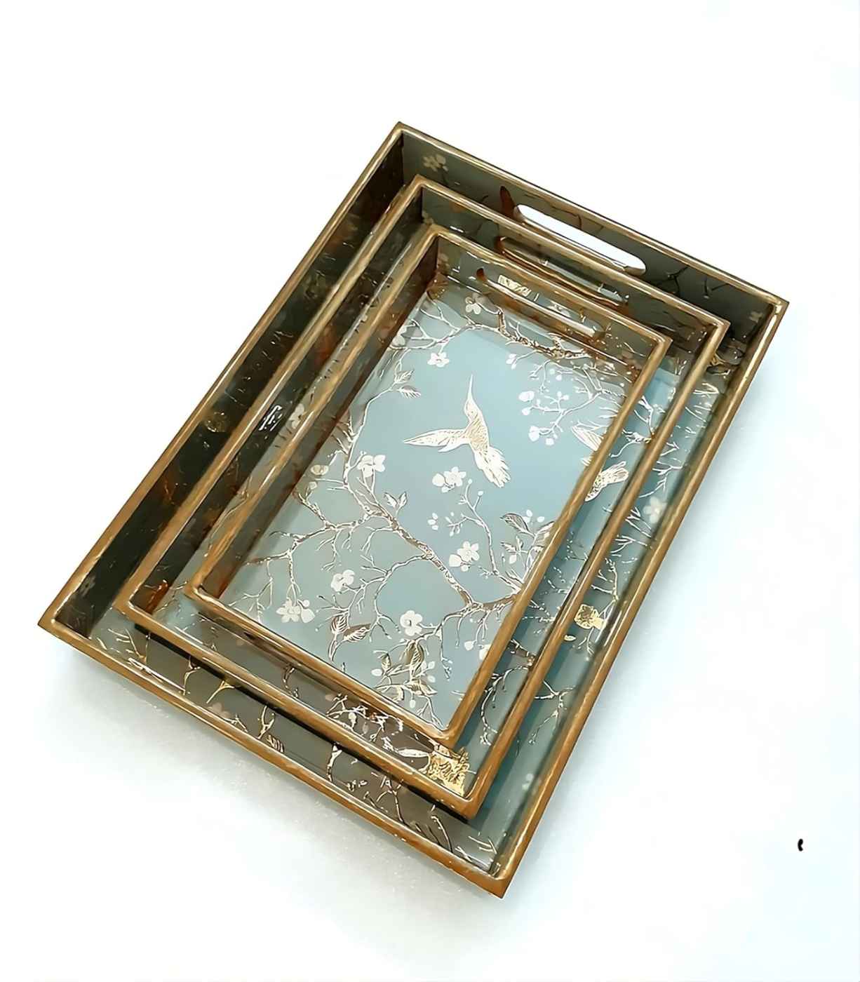 Woodworks Wooden Serving Trays with Handle Set of 3 Rectangular Tea Breakfast Platter Bathroom Decor Kitchen Bedroom Personal Tiered Trays Set view 2