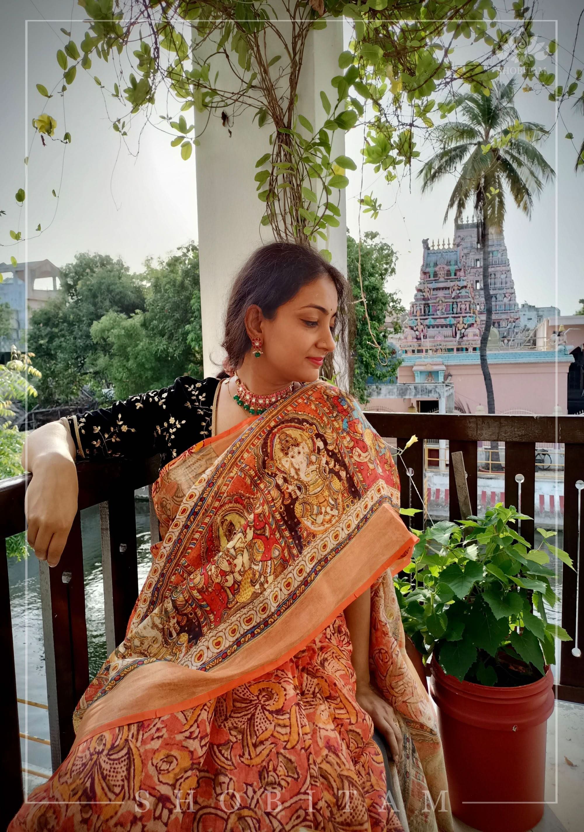 Orange Silk Linen Saree with Lord Ganesha Kalamkari Digital Print view 2
