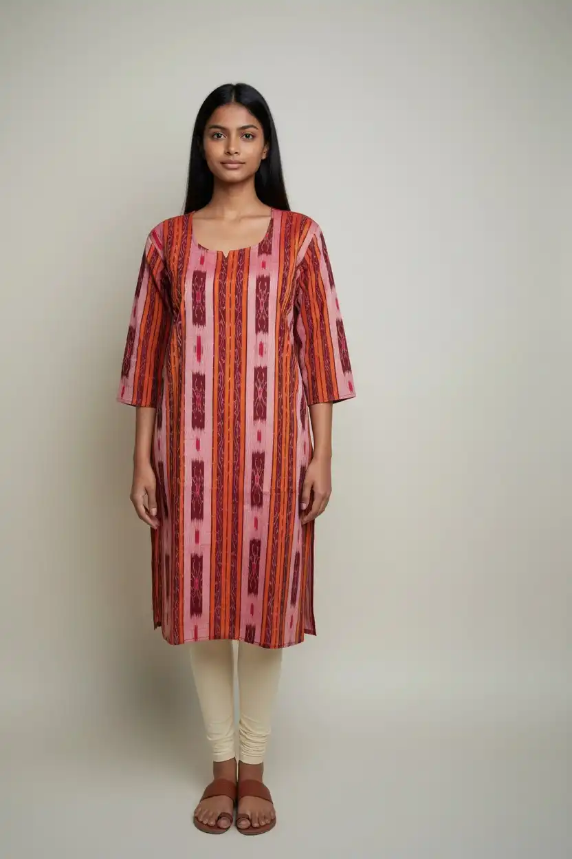 Handwoven Sambalpuri Cotton Kurti in Maroon and Orange Bandhakala