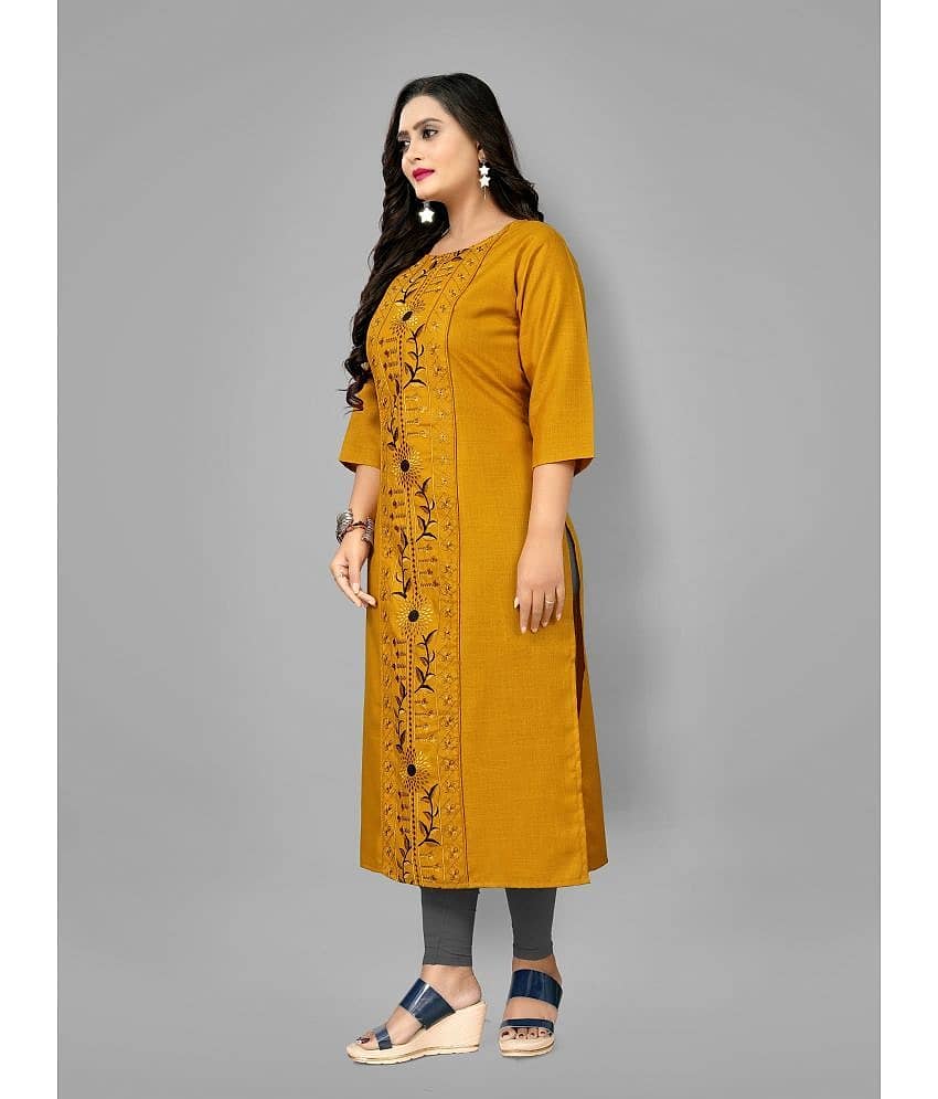 RIAANA - Mustard Cotton Blend Women's Straight Kurti ( Pack of 1 ) view 2