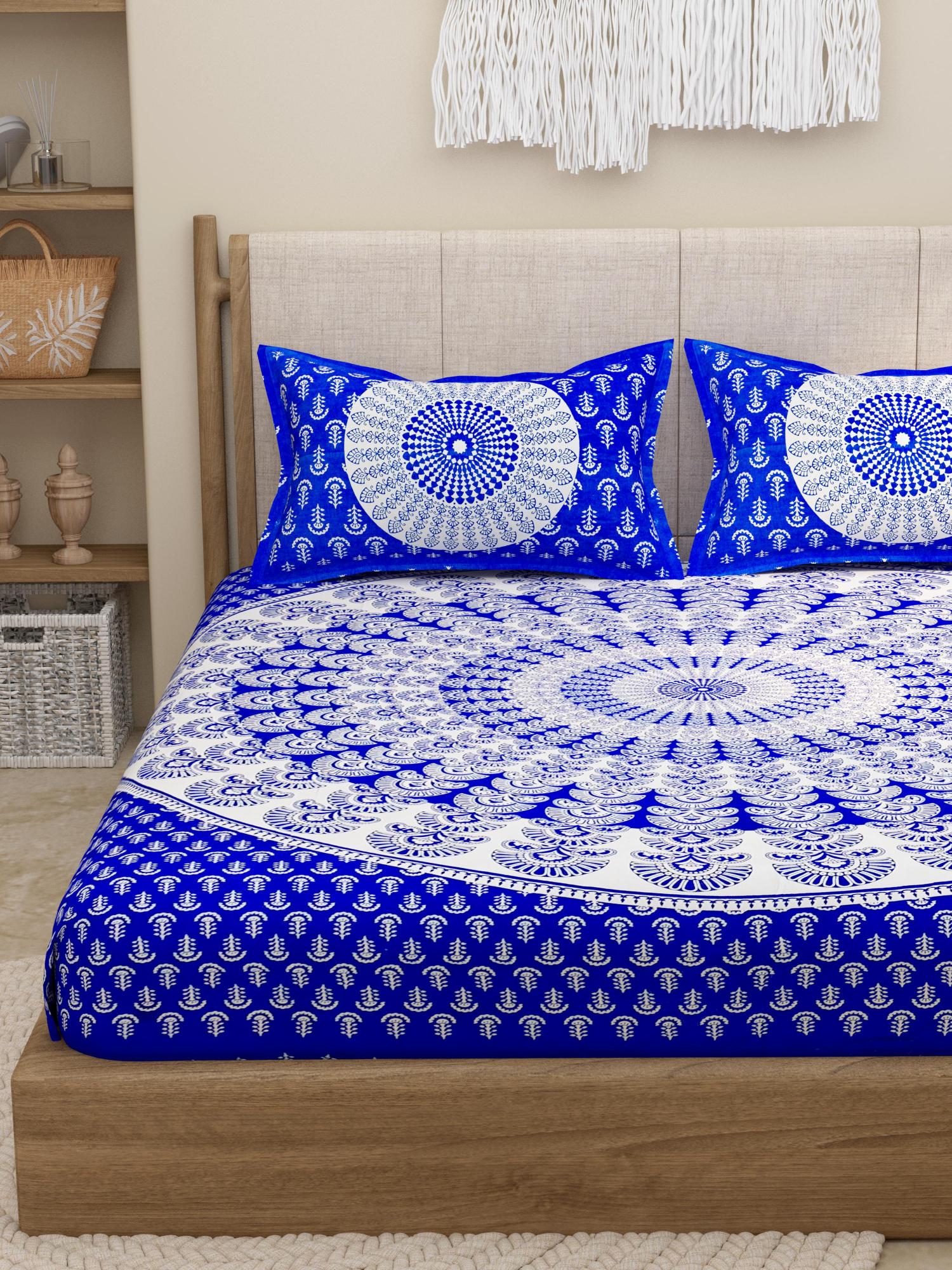 Lali Prints Blue Ethnic Block Printed Cotton 130 TC Queen Bedsheet 2 Pillow Covers view 2