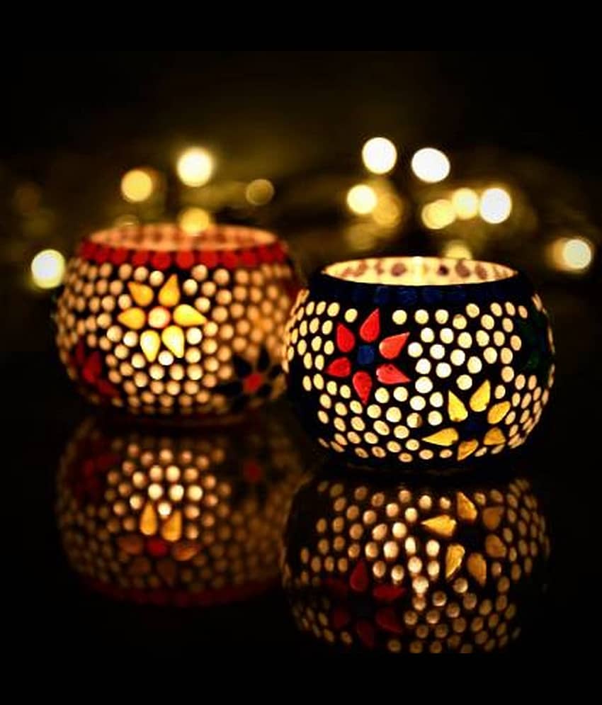 eCraftIndia Set of 2 Blue & Red Mosiac Glass Decorative Tea Light Holder view 2