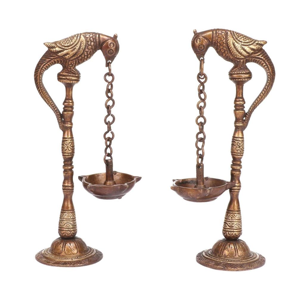 Artvarko Brass Antique Parrot Chain Hanging Diya Pair Design Traditional Deepak for Puja Diwali Lights Pooja Home Decor Mandir Gift Holder 7 Inches view 2