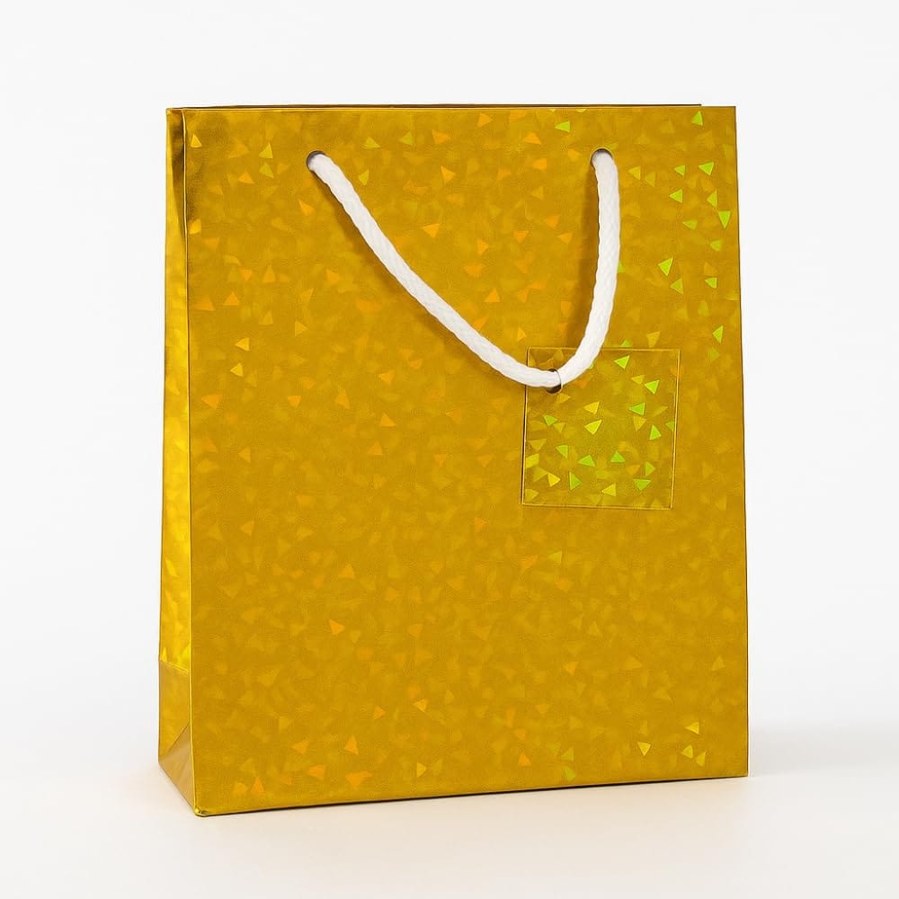 Divatos Holographic Gold Paper Gift Carry Bags with Handle and Message Label | For Birthday Parties Festivals Housewarming Corporate Gifting & Anniversary (Pack of 10 Pcs) (Golden, 18X13X5.5 Inch)