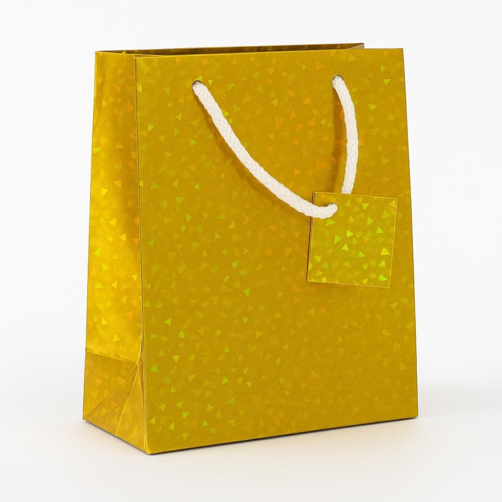 Divatos Holographic Gold Paper Gift Carry Bags with Handle and Message Label | For Birthday Parties Festivals Housewarming Corporate Gifting & Anniversary (Pack of 10 Pcs) (Golden, 18X13X5.5 Inch) view 2