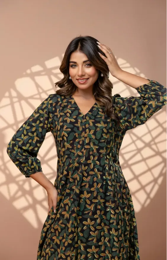 Moongia Green Hand-Block Printed A-Line Cotton Dress view 2