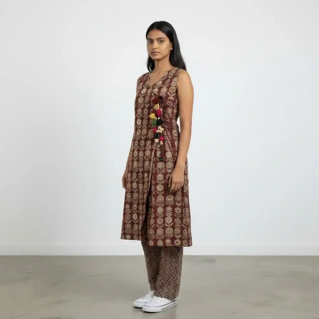 Maroon Floral Block-Print Cotton Co-Ord — Sleeveless Kurta & Pants view 2