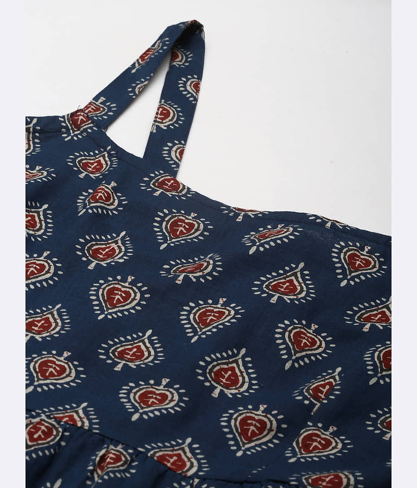 Divena Women Cotton Printed Fit & Flare Dress ( Navy Blue ) view 2