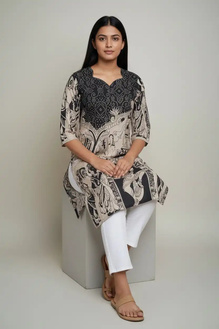 Kalamkari Print Cotton Kurti Black Cream view 2