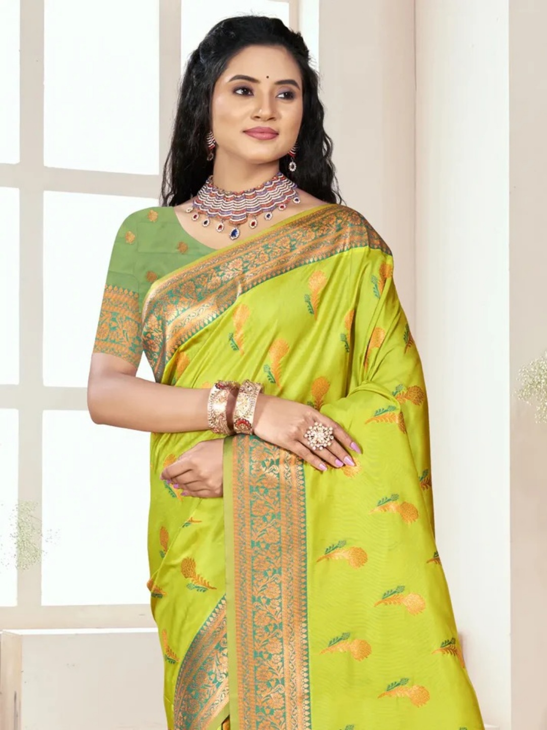 Lime Green Silk Saree view 2