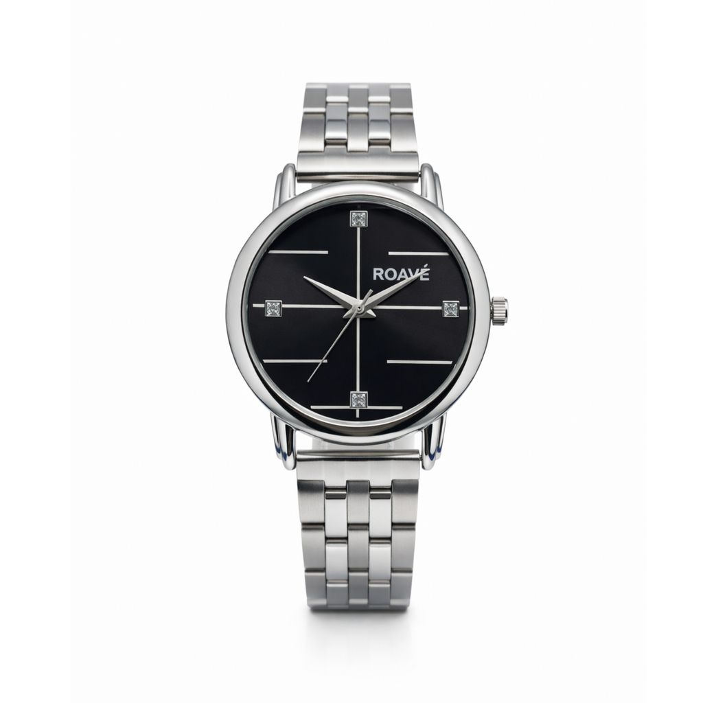 ROAVÉ Quartz Round Stainless Steel Band Casual Analog Watch For Women With Sliding Clasp - Black