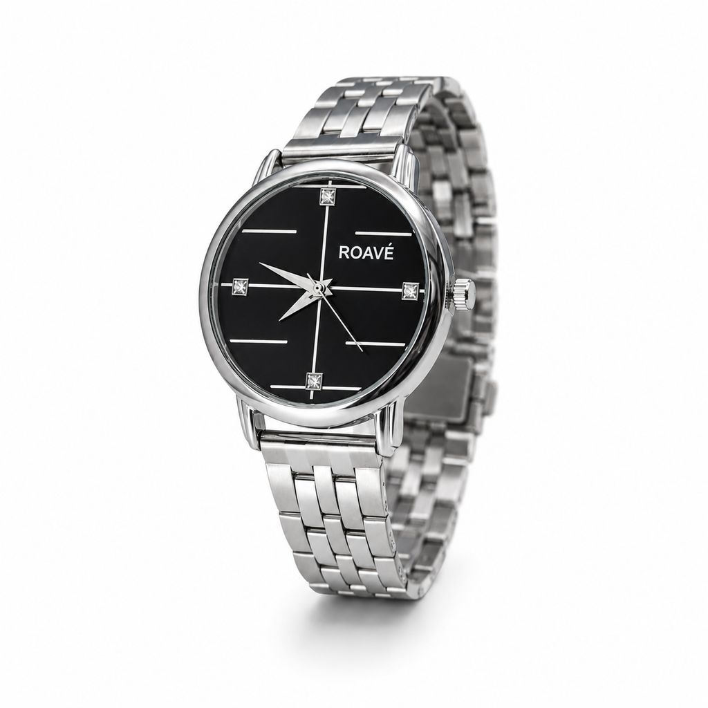 ROAVÉ Quartz Round Stainless Steel Band Casual Analog Watch For Women With Sliding Clasp - Black view 2