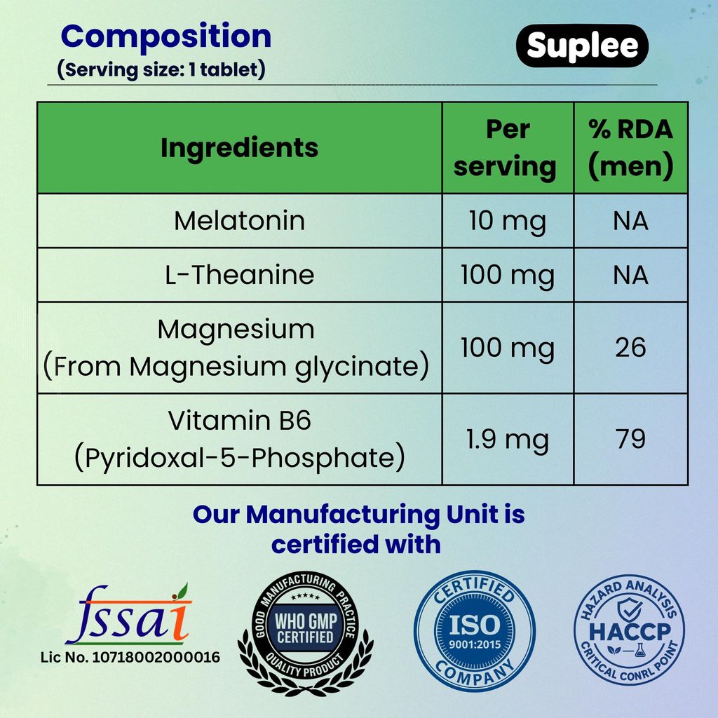Suplee Melatonin 10mg (60 Tablets) with L-Theanine, Magnesium Glycinate & Vitamin B6 - Night Time Sleep Support Supplement - Helps with Deep Sleep & Mental Relaxation - Non-Habit Forming view 2