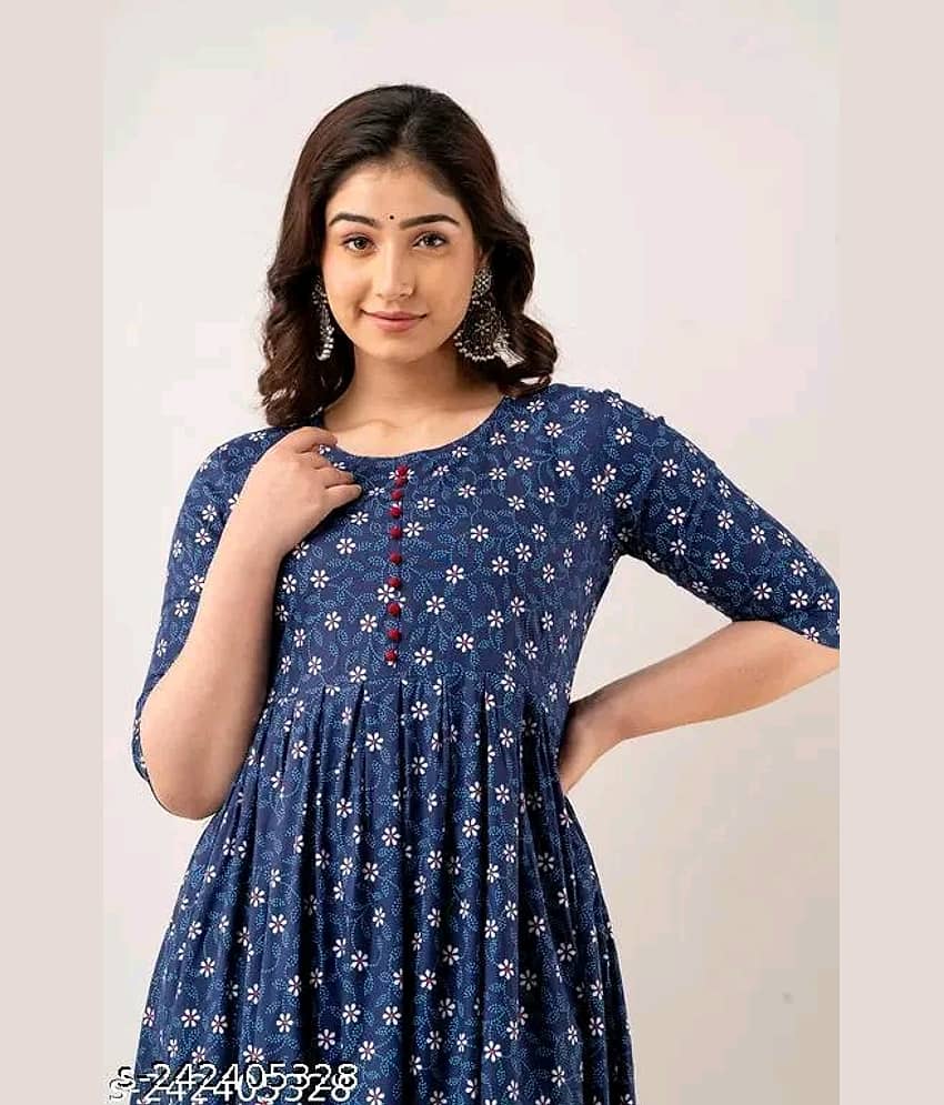 RIAANA Cotton Printed Flared Women's Kurti - Blue ( Pack of 1 ) view 2