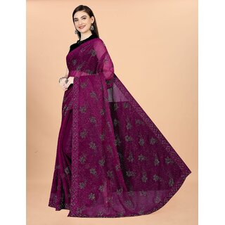 Wine Colour Simmer Silk Diamond Work Saree With Blouse Piece view 2