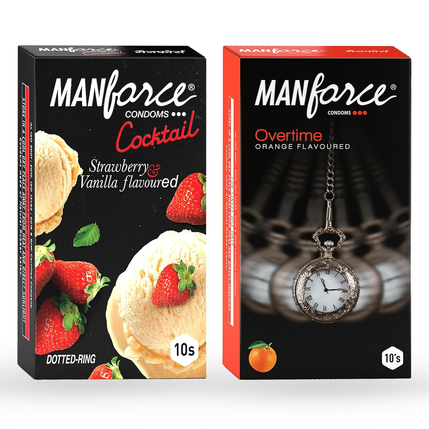 MANFORCE Cocktail Condoms with Dotted-Rings Strawberry & Vanilla Flavoured- 10 Pieces & 3 in 1 Condoms (Ribbed Contour Dotted) Overtime Orange Flavoured- 10 Pieces Condom (Set of 2 20 Sheets) view 2