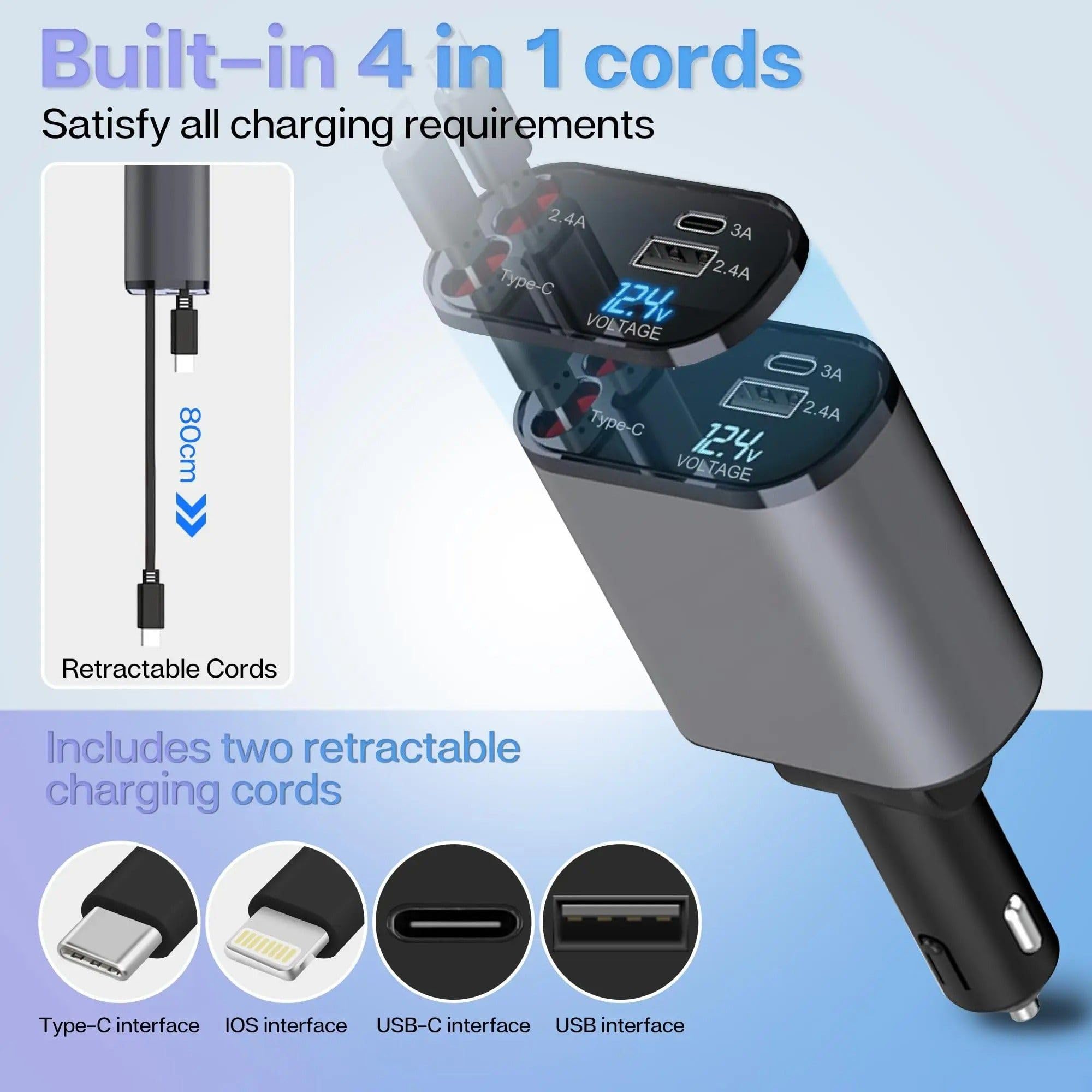 AUORITO 120W 4 in 1 Retractable Car Charger Socket New 2025,Multi USB Car Charger Type C Adapter with Dual Ports, car Mobile Charger Compatible with Android Phones & iPhone 16/15/14/13/12/11 Pro Max view 2
