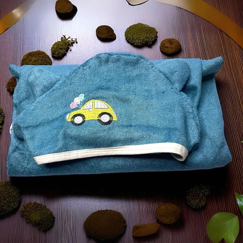 Mrijaa Kids Bamboo Hooded Bath Towel Lil Rider, 400 GSM, Blue view 2