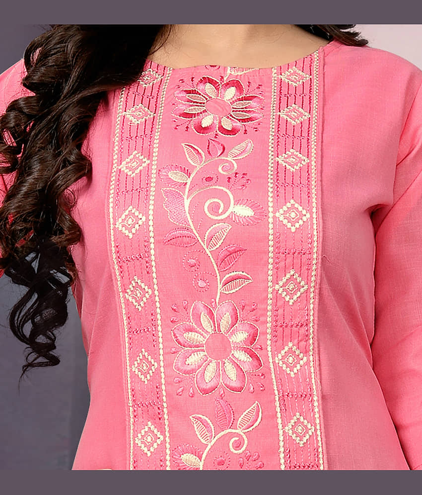 Hetsa Pack of 1 Cotton Blend Embroidered A-line Women's Kurti - ( Pink ) view 2