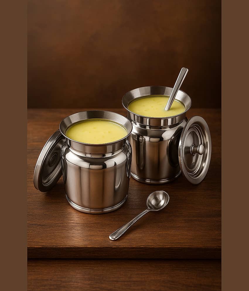 STEEPLE Stainless Steel Silver Oil Container ( Set of 2 )